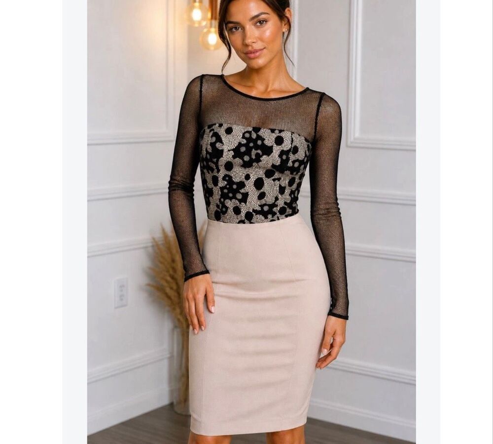 Karen Millen Mesh Overlay Bodice Pencil Dress size 2? NWOT